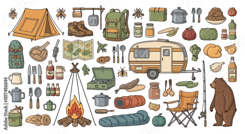 A comprehensive collection of camping and outdoor adventure equipment, including a tent, backpack, sleeping bag, campfire, and a bear.