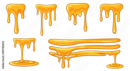 Illustration of various honey drips and streams, showcasing the viscous nature of the sweet substance.