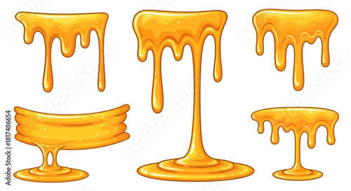 Honey drips and spills, cartoon style, isolated on white background.