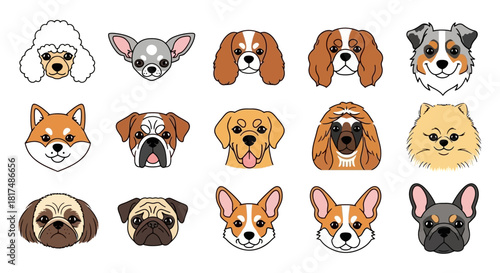 A collection of fifteen different cute cartoon dog faces from various popular breeds, isolated on a white background.