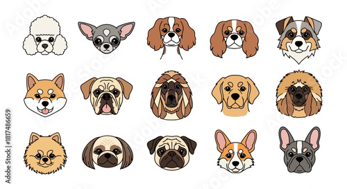 A collection of 15 different dog breeds depicted as cartoon head illustrations, showcasing a variety of popular canine companions.