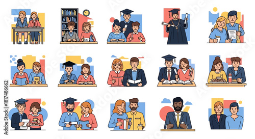 A collection of flat design illustrations depicting students, graduates, and professionals engaged in learning and academic activities, showcasing education and career development.