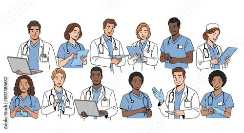 A diverse group of medical professionals, including doctors and nurses, in various poses.