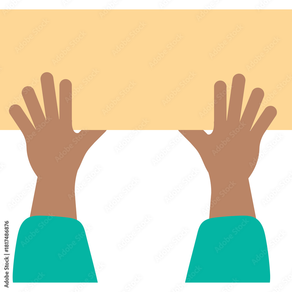 Fototapeta premium Two Open Hands Holding A Tan Blank Sign Against A White Background With Teal Sleeves Visible From Below