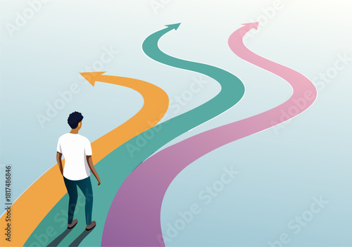 Man Faces Multiple Diverse Path Choices and Strategic Decision-Making