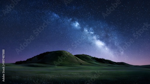 Brilliant galaxy stretches across the dark night sky above rolling hills and fields