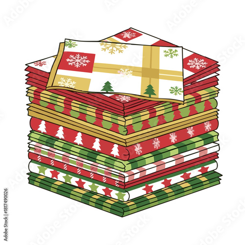Stack of festive table napkins with Christmas designs and colors  