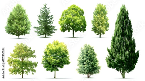 Collection of diverse green deciduous and coniferous trees isolated on white background