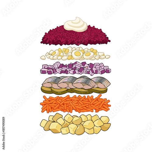 Layered herring salad with beets, potatoes, carrots, and mayonnaise  