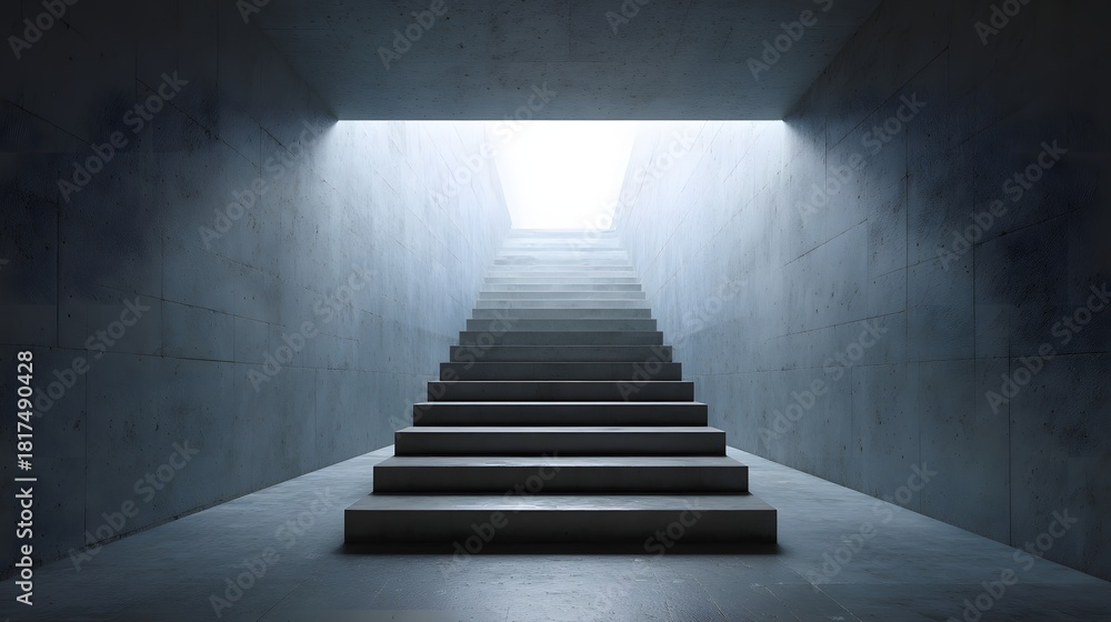 Obraz premium Imposing flight of concrete stairs ascends toward intense natural light at the end of a stark corridor