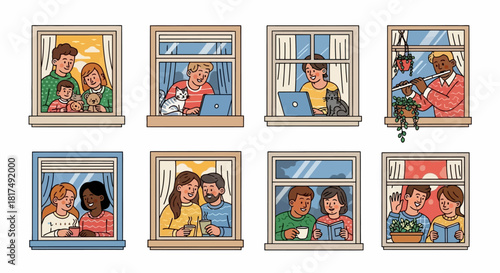 Diverse Community Windows into Daily Life Showcasing People, Love, and Togetherness in Warm Settings