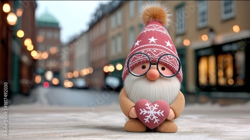 Fototapeta Naklejka Na Ścianę i Meble -  Holiday gnome wearing red hat and glasses, posing outdoors in blurred festive street, copy space