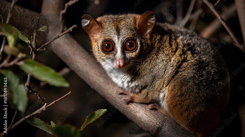 Obraz premium Small primate with large eyes clings to a tree branch in darkness