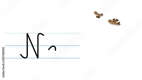 N letter writing like nightingale cartoon animation. A compatibile part of the alphabet serie. Handwriting educational style for children. Good for education movies, presentation, learning alphabet.