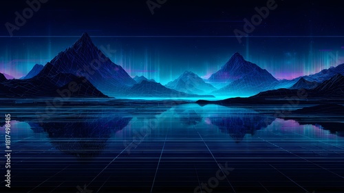 Digital landscape displays glowing atmospheric phenomena over dark, wireframe mountains reflected in water