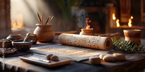 Ancient Egyptian scribe writing papyrus scroll with hieroglyphs