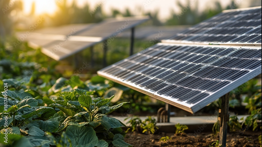 Fototapeta premium Solar panels stand among crops, catching sunlight in a blurred, green field