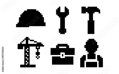 Pixel art construction tools and worker icons set in black silhouette