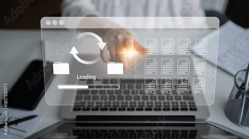 Foto File synchronization or loading interface with progress bar, folders, and docume