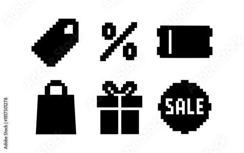 Pixel art icons: shopping, discounts, and gifts for online sales