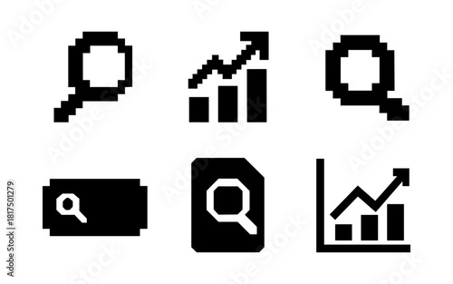 Pixel art icons set: magnifying glasses and graph symbols for data analysis