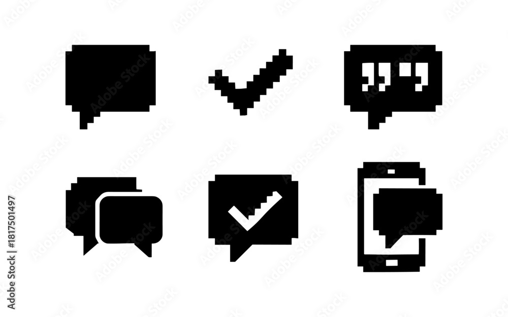 Fototapeta premium Pixel art communication icons: chat, checkmark, smartphone, quotation marks