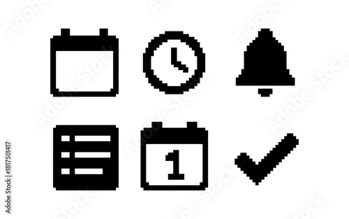 Pixel art icons: calendar, clock, notification bell, task list, and checkmark