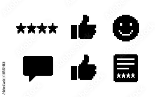 Pixel art icons: thumbs up, smile, rating, chat bubble, review sheet in black and white