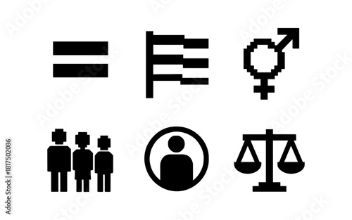 Monochrome pixel symbols for equality, gender, and community themes