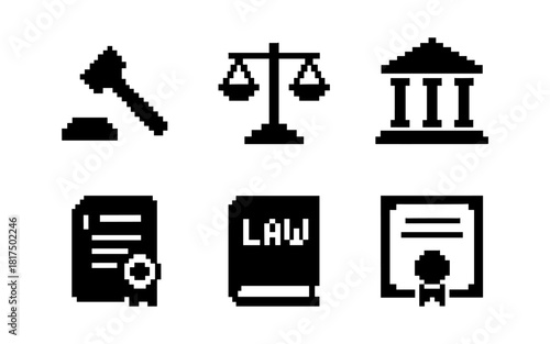 Pixel art legal icons: gavel, scales, courthouse, certificate, law book