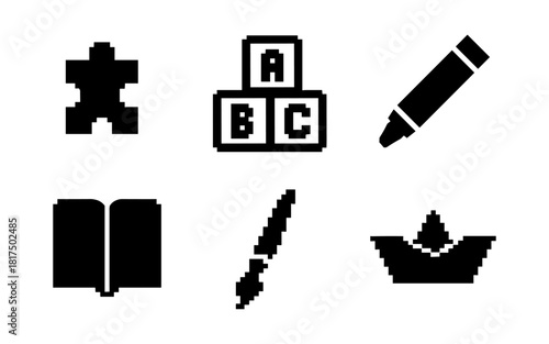 Pixel art icons: education and creativity symbols in retro style