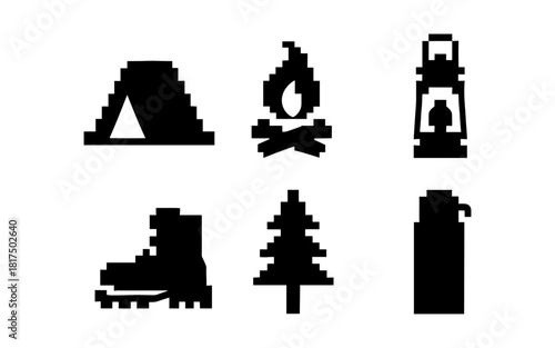 Pixel art camping icons: tent, campfire, lantern, boot, tree, thermos