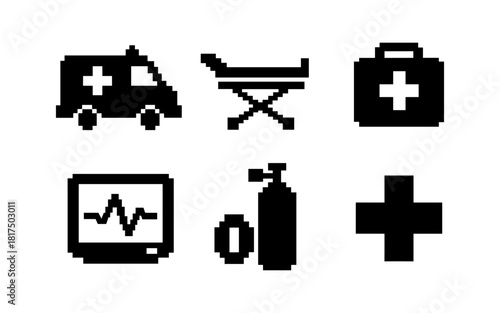 Pixel art medical symbols: ambulance, stretcher, kit, monitor, oxygen, cross