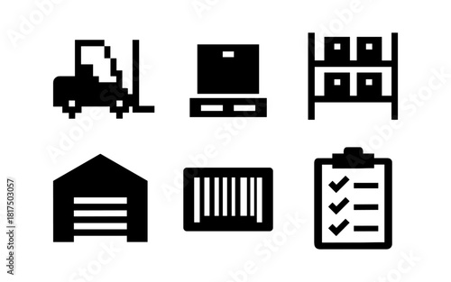 Warehouse icons set: forklift, pallet, shelving, warehouse, barcode, checklist symbols in black silhouette