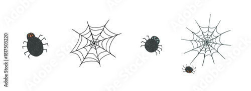 Cute crayon pencils drawing Halloween Party spider web set. Hand drawn autumn spooky holiday spiderweb symbols for greeting cards design, print, background, sticker