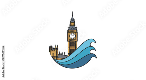 Big Ben and Houses of Parliament on water waves a travel icon symbolizing climate change awareness and the urgency for environmental protection.