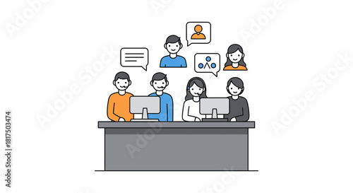 contact center team working customer service representatives using computers at a desk providing online support and communication solutions for business purposes