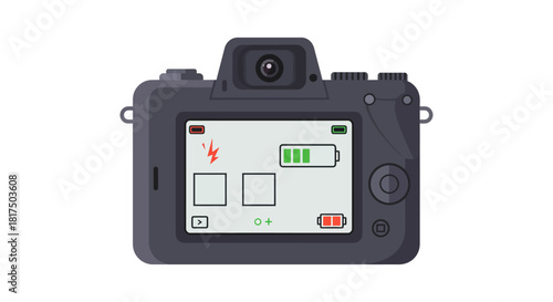 digital camera illustration displaying settings including flash battery life perfect for photography blogs showcasing gear reviews and setup guides.