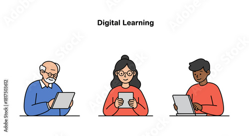 digital learning for all senior man woman and young man using devices at home illustrating education accessibility and intergenerational learning