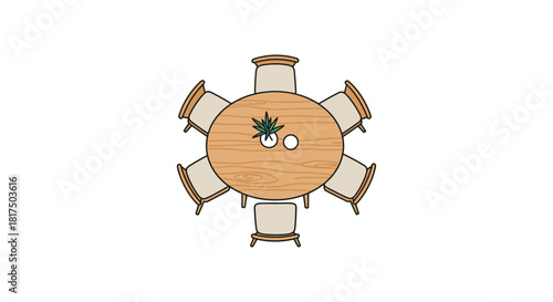 Dining table arrangement a round wooden table with six chairs decorated with plants and bowls perfect for interior design and family meals.