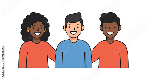 Diverse friends smiling together a group of three multiracial people in casual clothes standing close illustrating friendship and unity for social media