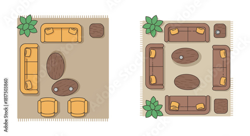 interior design plan two room layouts offering furniture arrangement options on rugs conveying home decorating  architectural planning ideas.