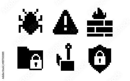 Pixel art cybersecurity icons: virus, shield, firewall warning symbols