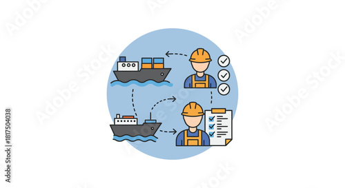 maritime logistics ships transferring cargo managed by workers with checklists representing efficient shipping industry and quality control global trade
