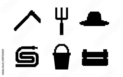 Pixel art farming icons: tool, hat, fork, hay, bucket, box