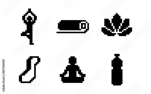 Pixel art yoga icons: meditation, wellness, and fitness symbols
