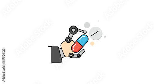 Robotic hand holding pill illustrating digital medicine and medical technology for healthcare innovation projects and pharmaceutical automation applications.