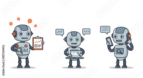 robots analyzing data working on laptops and talking on phones depicting ai solutions and automation in business perfect for tech blogs