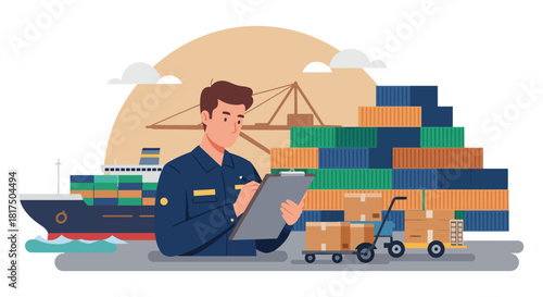 Shipping port worker inspecting cargo containers at dock overseeing global trade logistics managing export import business for supply chain industry