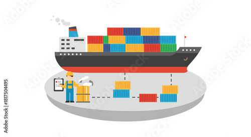 Shipping logistics with a cargo ship carrying colorful containers managed by a dockworker for global trade and efficient supply chain solutions.